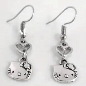 Sanrio Hello Kitty Earrings Love Heart Dangle Silver Cute Goth Emo Scene Gift